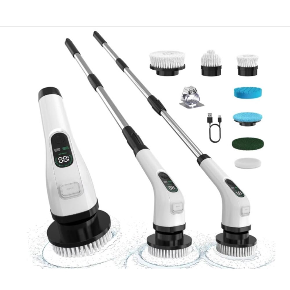 Electric Spin Scrubber with Long Handle: Cordless with 7 Brush Replacement Heads
